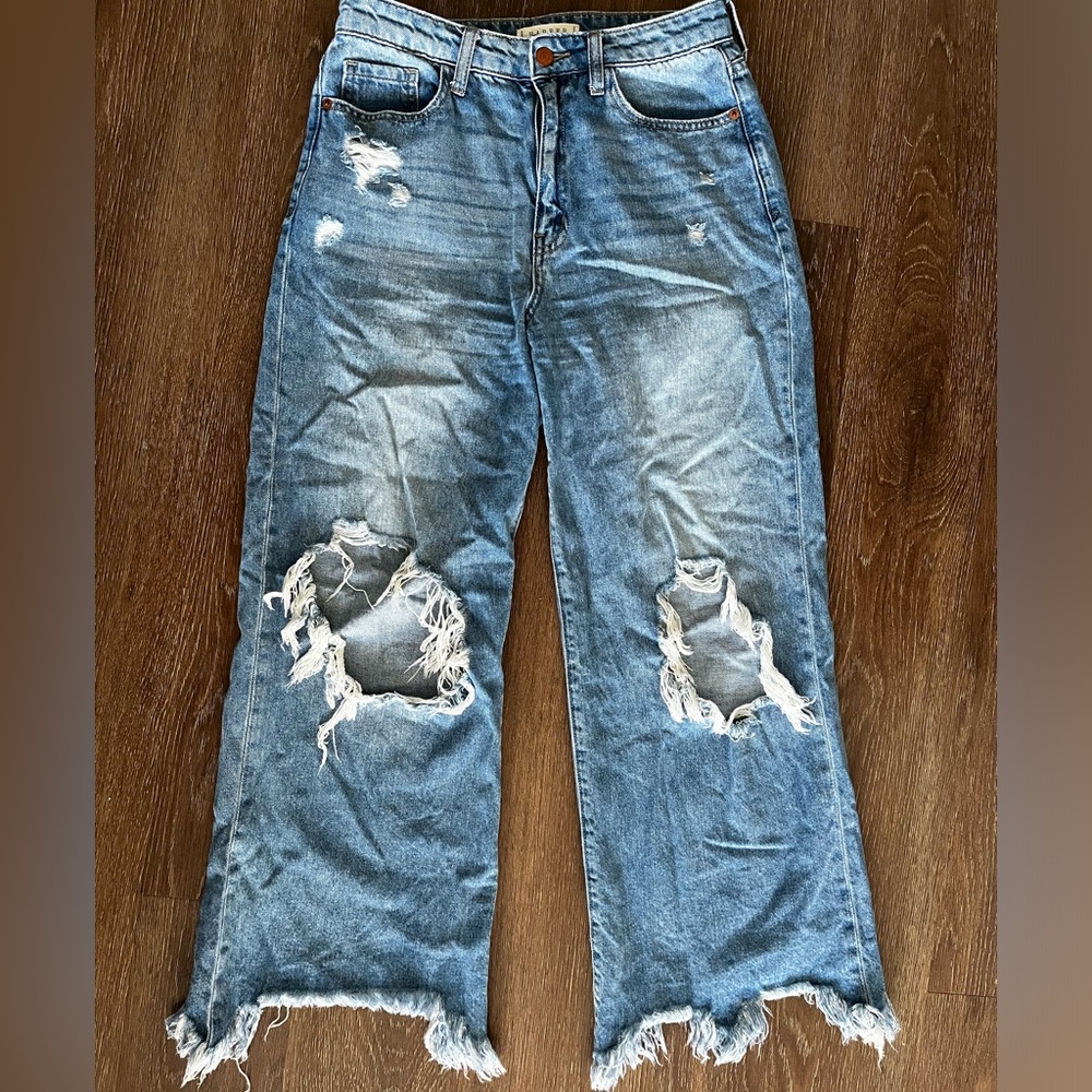 Harper Size 28 Navy Denim Ripped Jeans Fringe Detail Loose Fit Zipper Closure